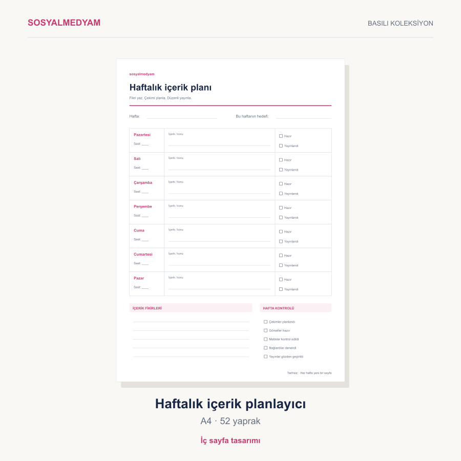 Haftalık İçerik Planlayıcı · A4 / 52 Yaprak